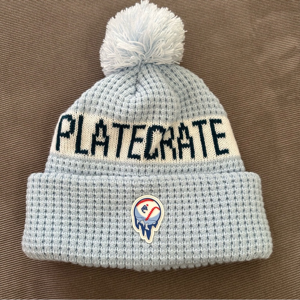 Plate Crate Unisex Adult's Logo Pom Pom Cuff Knit Beanie Blue One Size